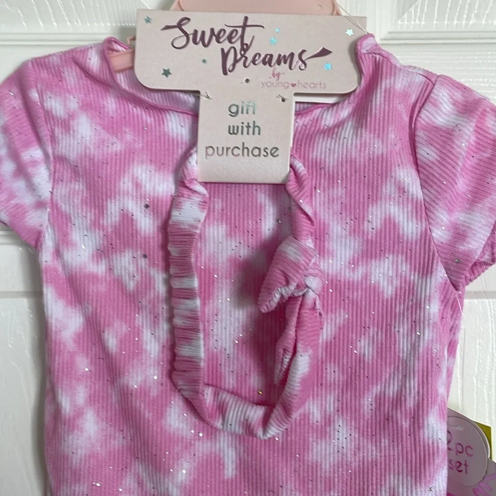 NEW! Pink and White Tie Dye Two Piece Top/Pants Set with Headband Size 24 months